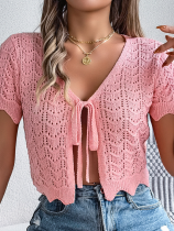 Pink Lace-Up Hollow Knitted Cardigan Holiday Navel-Baring Sunscreen Shirt