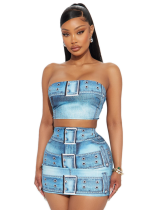 Light Blue Sexy Slim Fit Tube Top Hip Skirt Two Piece Set