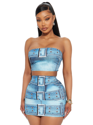 Light Blue Sexy Slim Fit Tube Top Hip Skirt Two Piece Set