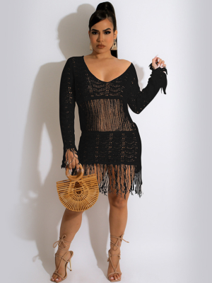 Black Sexy Knitted Hollow Out See Through Fringe Beach Dresses