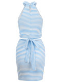 Blue Waistless Hanging Neck Top Sexy Short Skirt Two Piece Set