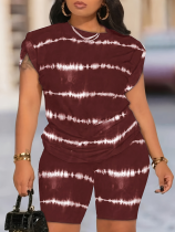 Wine Red Fashion Print Large Size Round Neck Short Sleeve Two Piece Suit