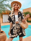 Black Printed Casual Holiday Style Cardigan Shorts Two-Piece Set