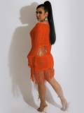 Orange Sexy Knitted Hollow Out See Through Fringe Beach Dresses