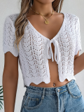 White Lace-Up Hollow Knitted Cardigan Holiday Navel-Baring Sunscreen Shirt