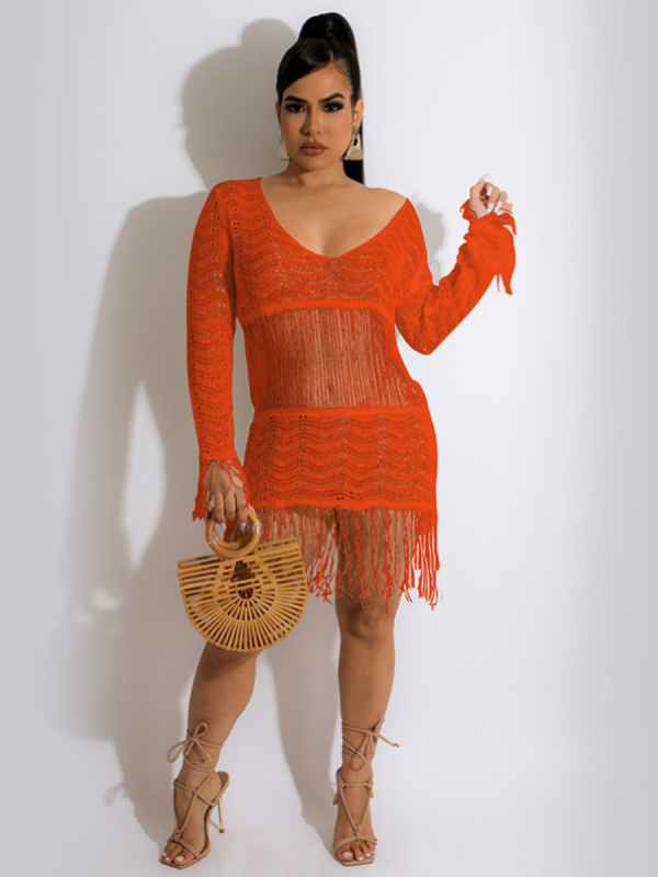 Orange Sexy Knitted Hollow Out See Through Fringe Beach Dresses