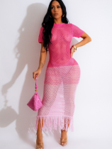 Pink Summer Sexy Knitted See-Through Tassel Beach Short Sleeve Dress