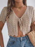 Khaki Lace-Up Hollow Knitted Cardigan Holiday Navel-Baring Sunscreen Shirt
