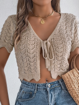 Khaki Lace-Up Hollow Knitted Cardigan Holiday Navel-Baring Sunscreen Shirt