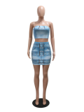 Light Blue Sexy Slim Fit Tube Top Hip Skirt Two Piece Set