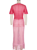 Pink Summer Sexy Knitted See-Through Tassel Beach Short Sleeve Dress