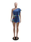 Blue Stylish Diagonal Shoulder Loose Denim Patchwork Jumpsuit