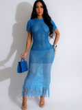 Blue Summer Sexy Knitted See-Through Tassel Beach Short Sleeve Dress