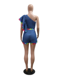 Blue Stylish Diagonal Shoulder Loose Denim Patchwork Jumpsuit