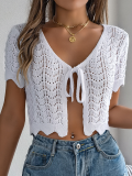 White Lace-Up Hollow Knitted Cardigan Holiday Navel-Baring Sunscreen Shirt