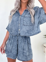 Blue Fashion Casual Loose Washed Shirt Denim Shorts Two-Piece Set