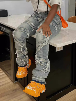 Light Blue New Style Ripped Washed Tassel Fashionable Casual Jeans