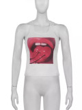 White Elastic Lip Print Crewneck Tank Top