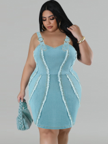 Light Blue Denim Suspender Tassel Sleeveless Dress
