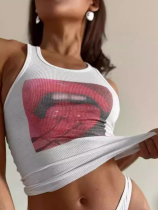 White Elastic Lip Print Crewneck Tank Top
