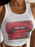 White Elastic Lip Print Crewneck Tank Top