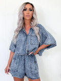 Blue Fashion Casual Loose Washed Shirt Denim Shorts Two-Piece Set