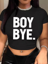 Black Summer Navel Printed O-Neck Short Sleeve T-Shirt