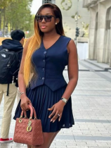 Dark Blue V-Neck Sleeveless Vest Top Pleated Skirt Two-Piece Suit