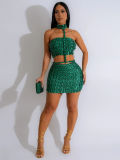 Green Fashion Hot Brick Tube Top Coat Hip Skirt Two-Piece Suit