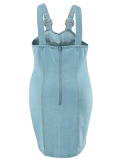 Light Blue Denim Suspender Tassel Sleeveless Dress
