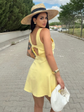 Yellow Fresh V-Neck High Waist Single-Breasted Dress