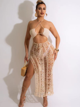 Apricot Stylish Fringed Stretch Side Slit Beach Dress