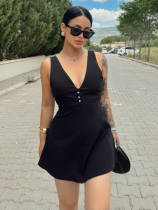 Black Fresh V-Neck High Waist Single-Breasted Dress