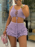 Purple Sexy Knitted Vest High Waist Ruffle Shorts Two-Piece Set