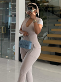 Khaki Pit Stripe V-Neck Short Sleeve High Waist Slim Jumpsuit