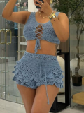 Navy Blue Sexy Knitted Vest High Waist Ruffle Shorts Two-Piece Set