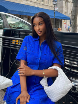 Blue Elegant Jacquard Hollow Lapel Short-Sleeved Dress