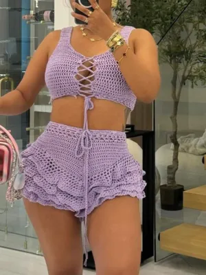 Purple Sexy Knitted Vest High Waist Ruffle Shorts Two-Piece Set