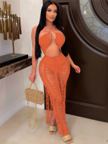 Orange Stylish Fringed Stretch Side Slit Beach Dress