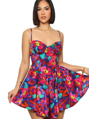 Rose Red Printed Suspender Waist Dress