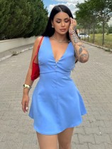 Blue Fresh V-Neck High Waist Single-Breasted Dress