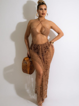 Brown Stylish Fringed Stretch Side Slit Beach Dress