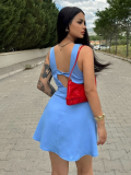 Blue Fresh V-Neck High Waist Single-Breasted Dress
