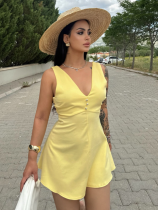 Yellow Fresh V-Neck High Waist Single-Breasted Dress