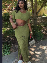 Green Knitted Hollow Tassel Sexy Long Skirt Two-Piece Suit