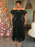 Black Sexy Large Size Sequin Patchwork Mesh Dress