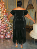 Black Sexy Large Size Sequin Patchwork Mesh Dress