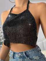 Black Sexy Nightclub Metal Shiny Diamond Backless Vest