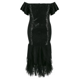 Black Sexy Large Size Sequin Patchwork Mesh Dress