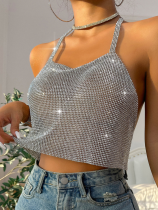 Silver Sexy Nightclub Metal Shiny Diamond Backless Vest